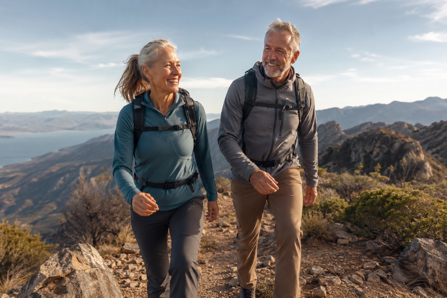 A couple in their sixties hiking a ridge trail with packs on.